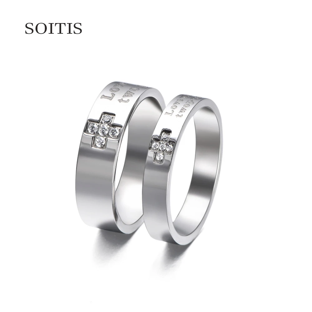 

SOITIS 316L Stainless Steel Wedding Band with Rhinestone Paved Cross Rings for Men Women Trendy Couple Letter Ring