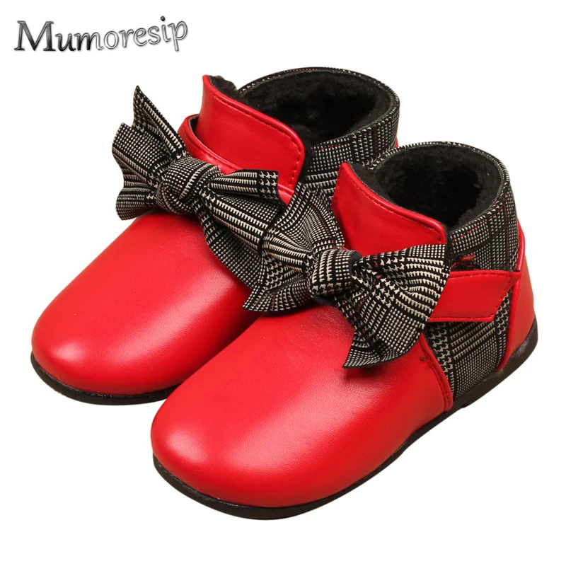 

Mumoresip New Girls Ankle Boots Princess Sweet Red Black Pink Color Butterfly-knot Checkered Toddler Girl Kids Warm Cotton Boots