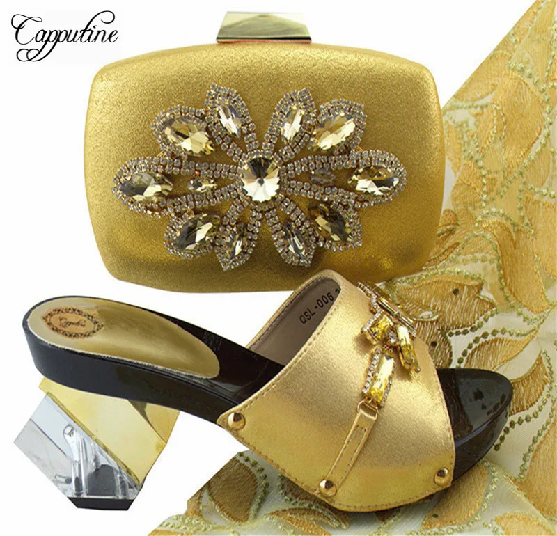 

2018 Nigerian PU With Crystal Party Shoes And Bags Set Fashion Summer Africa High Heels Shoes And Bag Set For Wedding SL006
