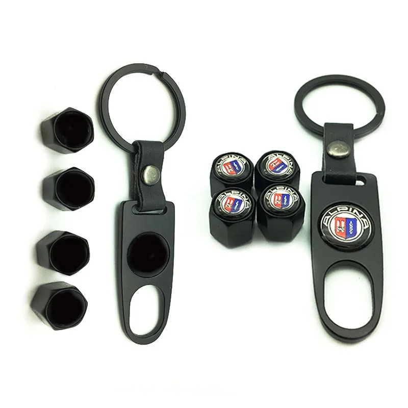 

1 set car wheel valve stem cap auto leather key chain holder metal For bmw