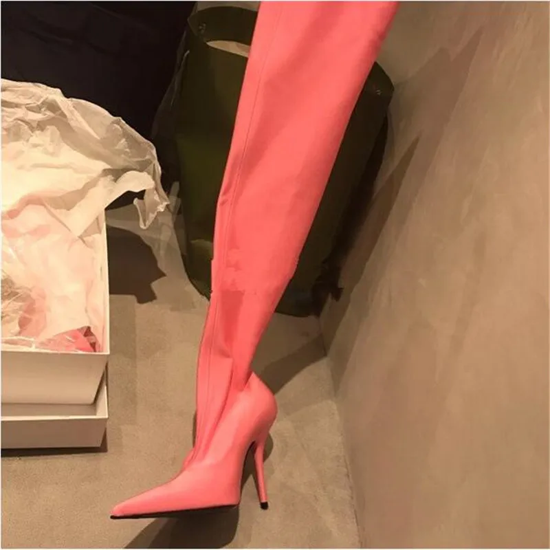 Новые эластичные высокие сапоги до бедра женская обувь на тонком высоком каблуке с острым носком пикантные Женские Сапоги выше колена розового, фиолетового, черного цвета