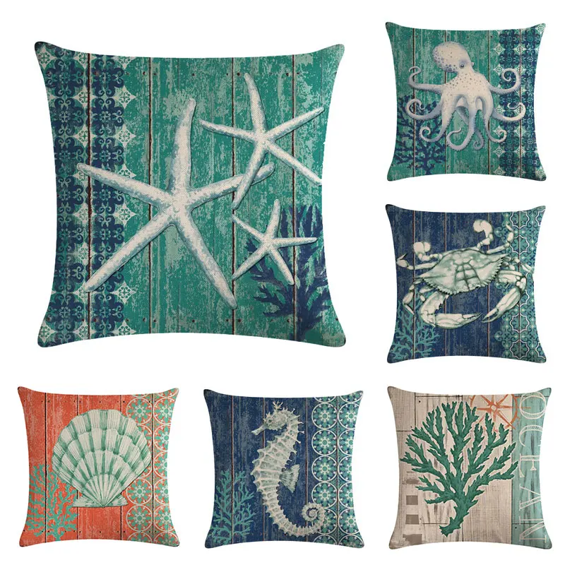 

Nautical Throw Pillows Covers sea Pillowcase Beach coast Cushion Pillow Cover 45x45 cm sea horse Coral Starfish octopus Crab