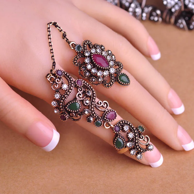 New Arrival Adjustable Turkish Two Finger Rings For Party Women Blue Acrylic Hollow Out Flower Design Vintage Ring Brand Anel