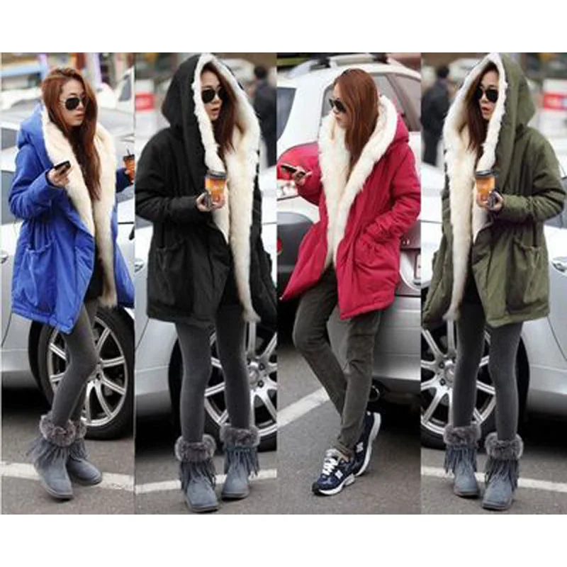 Новые зимние стильные тонкие женские хлопковые пуховики средней длины с капюшоном и большим меховым воротником, одноцветные пальто