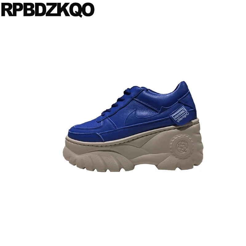

thick sole muffin round toe genuine leather designer lace up women blue red runway harajuku elevator creepers platform shoes