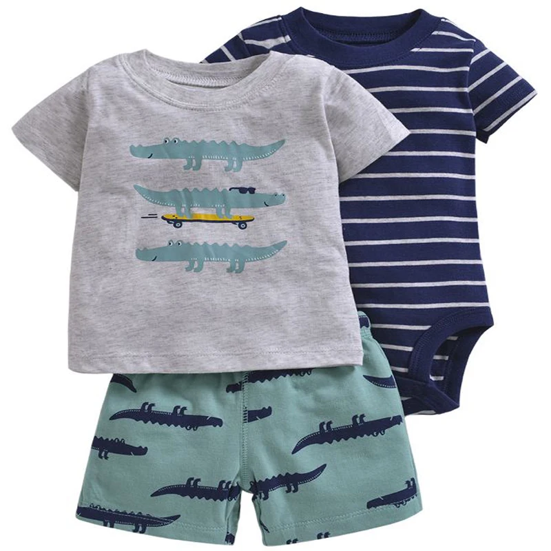 Летний наряд короткий рукав для маленьких мальчиков, футболка с рисунком, топы+ боди с круглым вырезом+ шорты, комплект одежды для новорожденных, костюм для новорожденных 6-24 месяцев