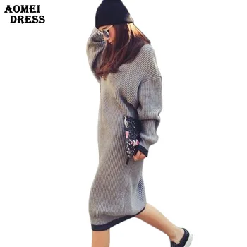 

Women Fashion Solid Gray Sweater Dresses Pull Femme Robe Loose Knit Sweaters Casual Pullovers Female Mid-Calf Winter Knit Dress