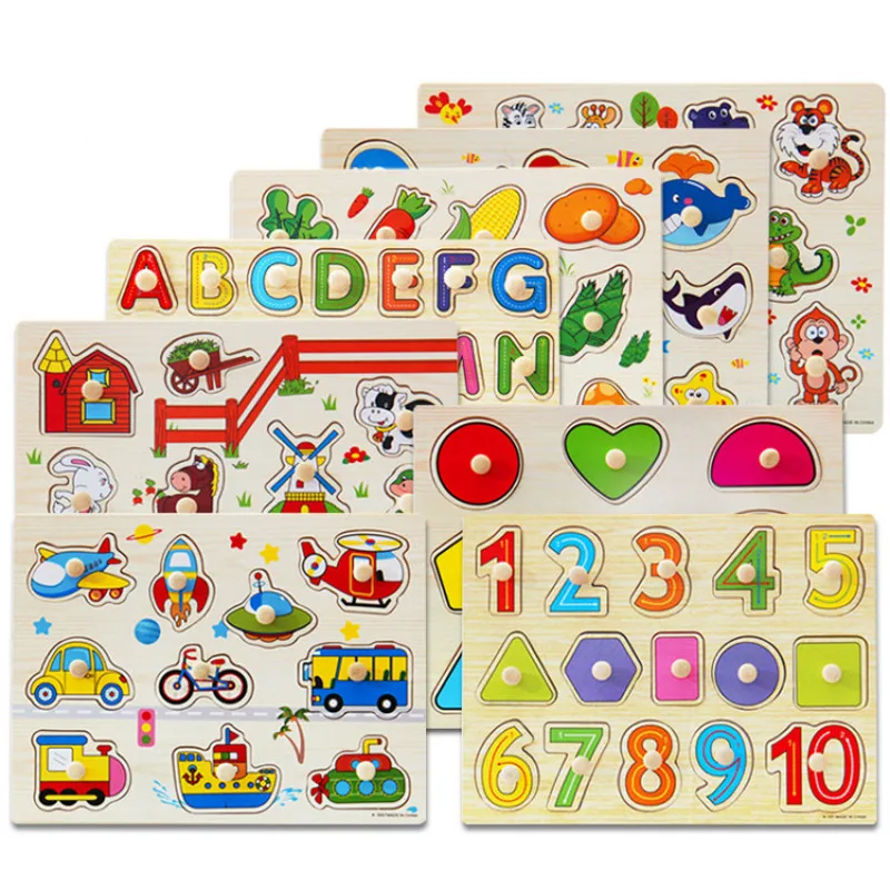

Montessori Wooden Puzzle Hand Grab Board Early Educational Toy Cartoon Vehicle Marine Animal Puzzle Kids Gift