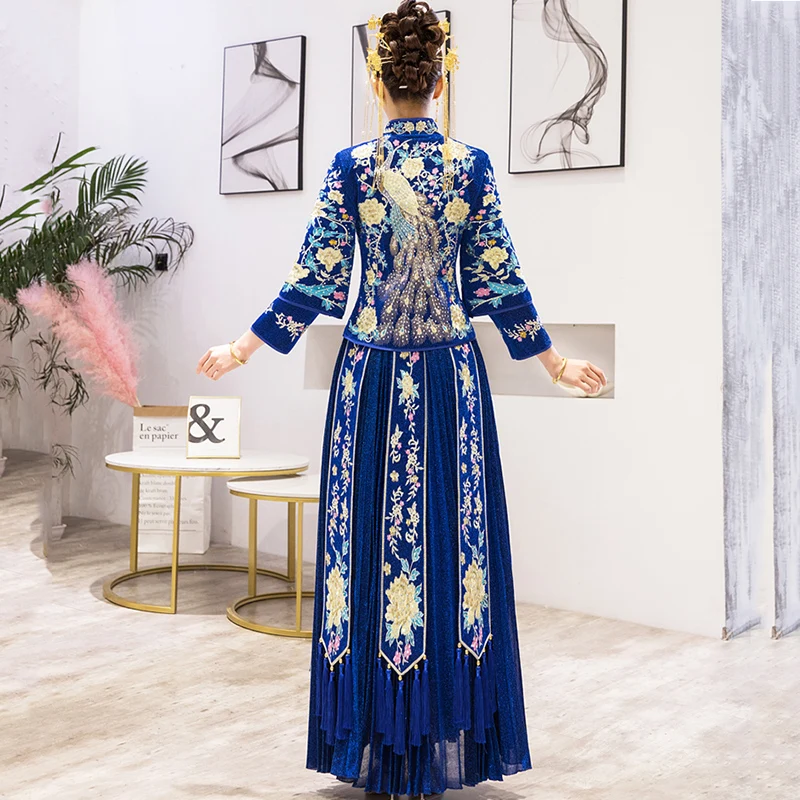 Синий Восточный китайский Женский Cheongsam вышивка павлин винтажный плиссированный Qipao праздничный костюм вечернее платье с кисточками