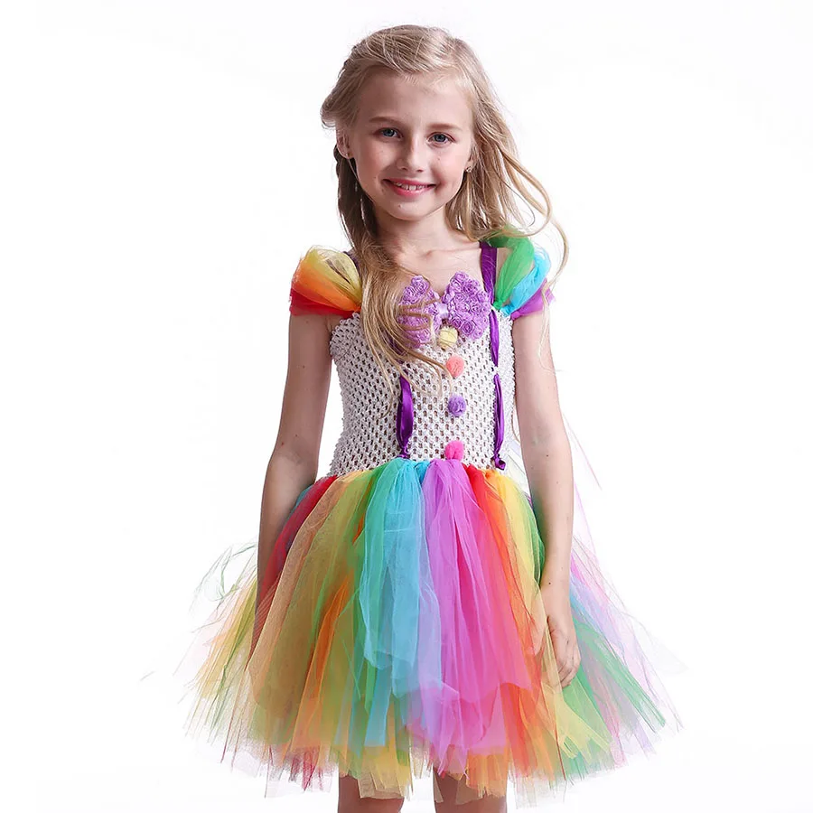 Girls Circus Fancy Clown Tutu Dress with Bow Children Handmade Rainbow Tulle (7)