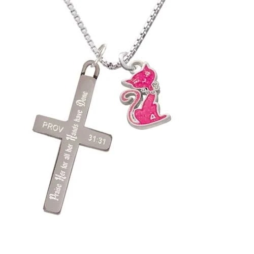 Hot Pink Glitter Cat - Praise Her - Cross Necklace (1)
