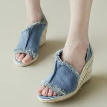 Women’s shoes 2015 spring and summer fashion tassel denim straw braid open toe wedges sandals