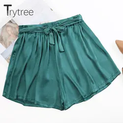 Trytree/Летние повседневные шорты с поясом и эластичной резинкой на талии, зеленые женские шорты, крутые шелковистые Удобные Свободные шорты