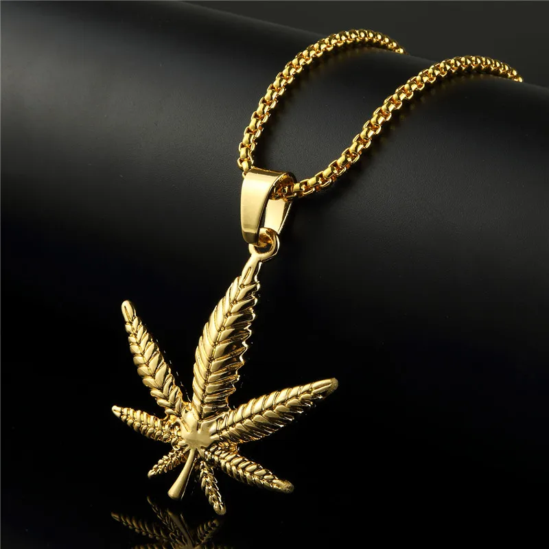 

75cm Bling Jewelry Gifts Men Women Charm Cannabiss Hemp Leaf Chains Golden DJ Bar Dance Hip Hop Necklaces Pendants