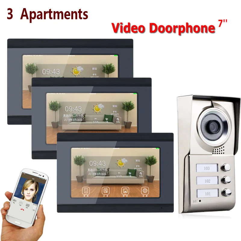 

7inch Record wireless Wifi 3 Apartments Video Door Phone Intercom System IR-CUT HD 1000TVL Camera Doorbell Camera with 3 button