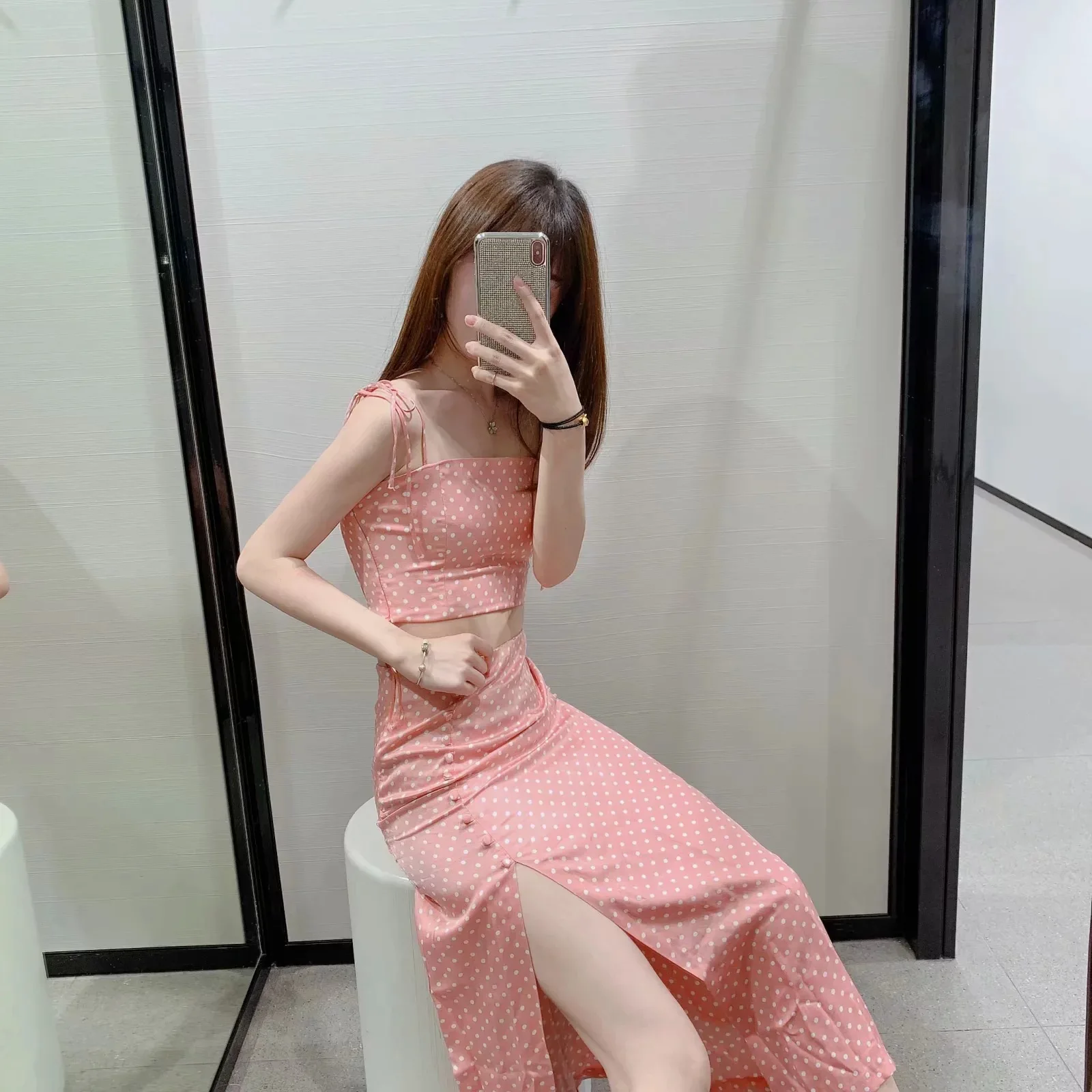 

Woemn suit] Europe and the United States 2019 women's sling tops + split polka dot dress