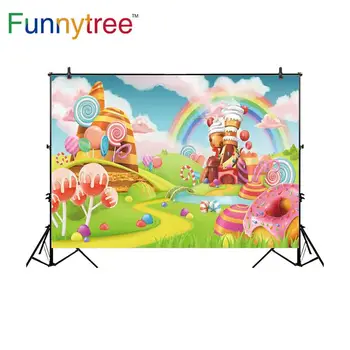 

Funnytree children theme photography backdrop candy bar sweet fairy tale castle cake cute celebration lollipop photo background