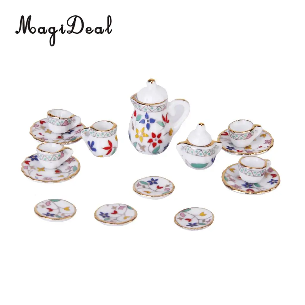 MagiDeal 15Pcs 1/12 Scale Dollhouse Miniature Dining Ware Porcelain Tea Set Plate Floral Print for Home Office Coffee Decor Gift