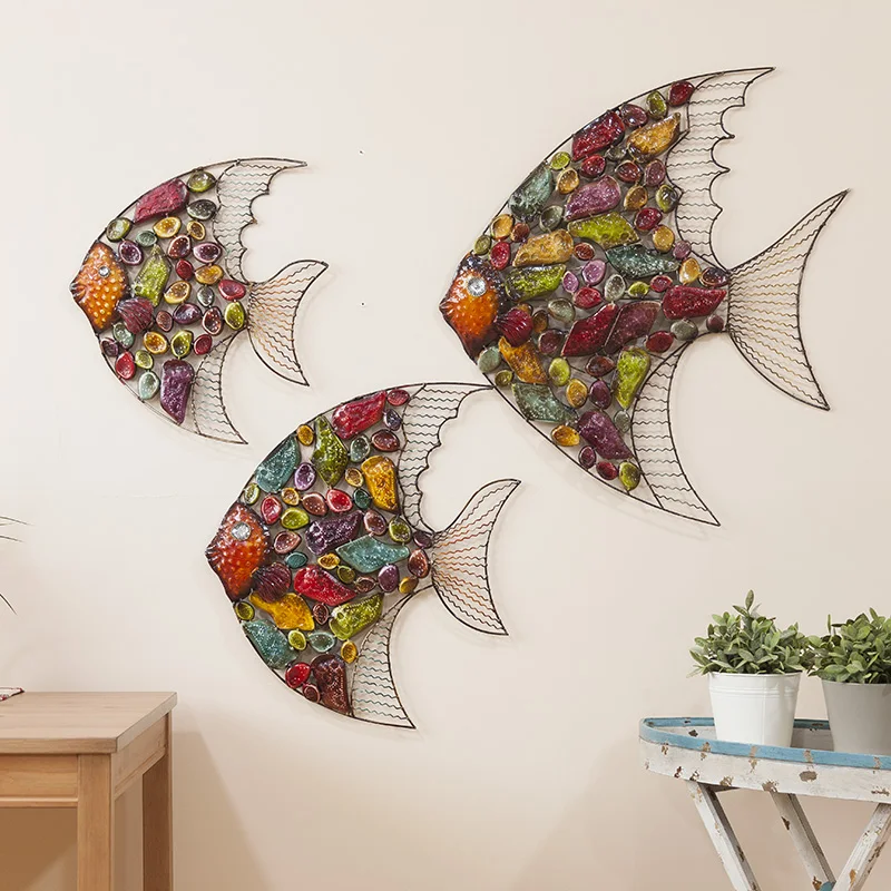 

Home office storage, European creative wall hangings wrought iron fish, home living room wall decorations
