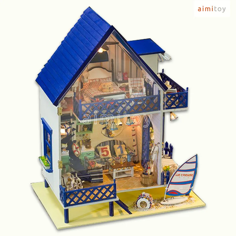 A21 Middle Wood Doll House, Blue Beach House w/ All Furnitures, DIY Kit