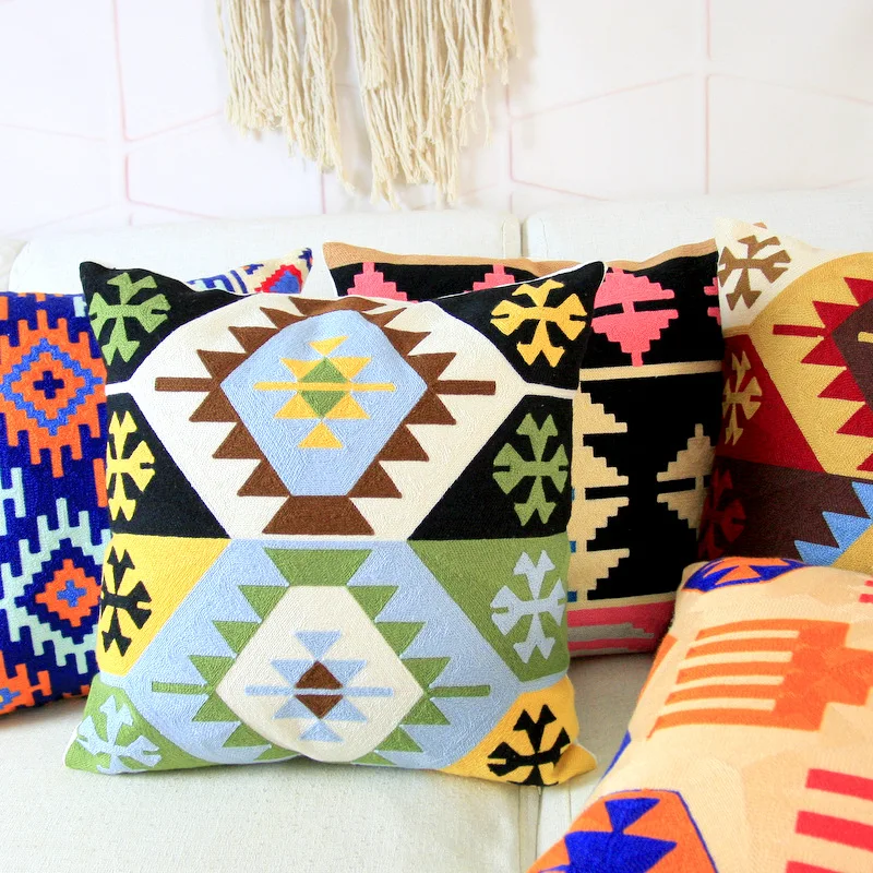 

Cotton Thread Embroidery Cushion Cover Kilim Colorful Aztec Pillow Case with Embroidered For Sofa Seat Simple Home Decor 45*45cm