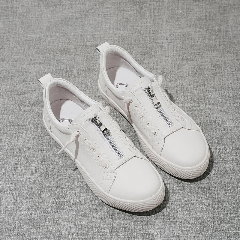 

Women's genuine leather front zip flats white sneakers brand designer leisure female espadrilles soft comfortable oxfords shoes