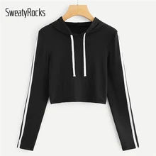 SweatyRocks черный минималистичный Повседневный полосатый ленточный пуловер с длинным рукавом на шнурке укороченная футболка с капюшоном Осенняя женская футболка Топ