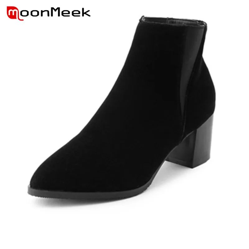 

MoonMeek new fashion 2020 large size shoes winter ladies boots high heel pointed toe ankle boots cow suede leather woman boots