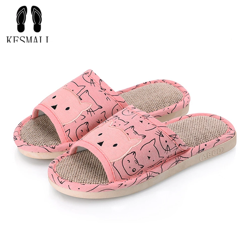 

KESMALL Linen Home Slipper Women' Flat Slippers Female Bedroom Slippers Indoor Shoes Summer Hemp Beach Slippers Flip-flop WS207
