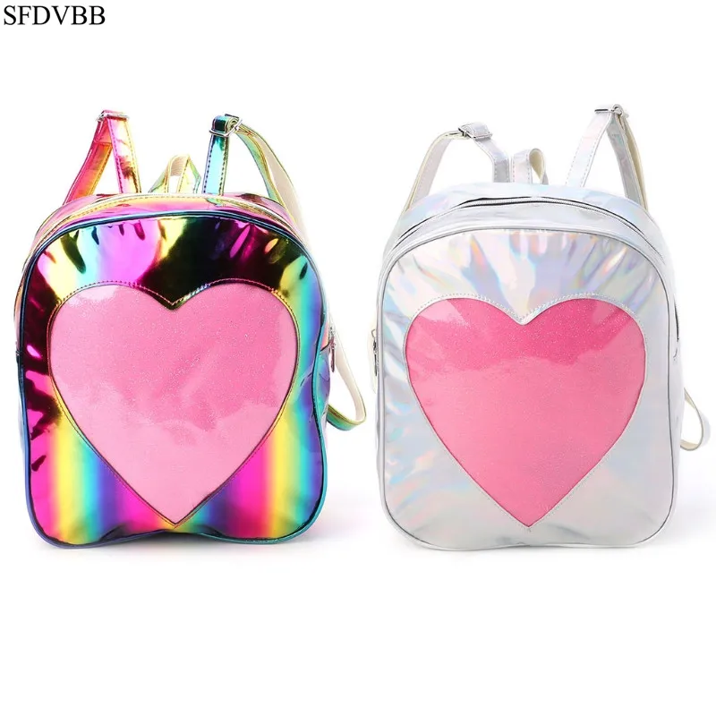 

SFDVBB Women Holographic Backpack Schoolbag Rainbow Shoulder Bag with Transparent Heart