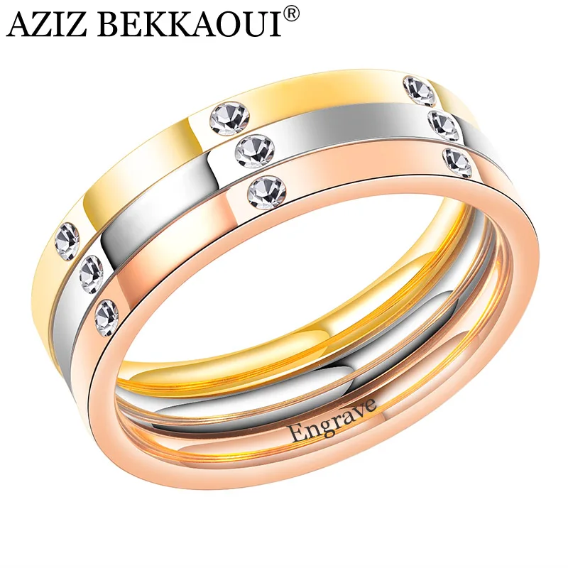 

AZIZ BEKKAOUI 3 in 1 Engrave Name Crystal Rings Rose Gold Color Stainless Steel Ring for Women Unique Party Jewelry Gift