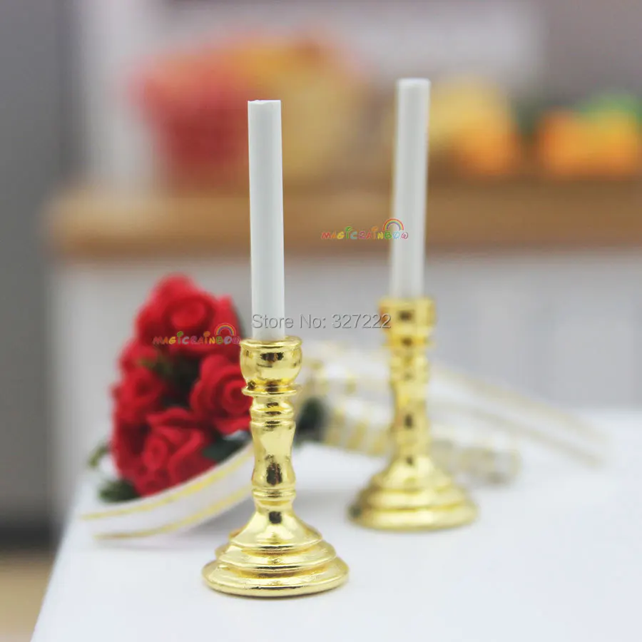 

Dollhouse Miniature 1:12 Metal Candle Candlestick Candleholder for Barbie Blythe Living Room Accessory 2pc