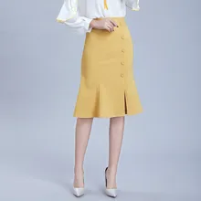 Женская летняя Милая юбка с разрезом с застежкой на пуговицы офисные желтая юбка для девочек короткое обтягивающее платье, расширяющееся книзу русалка юбка-годэ школы