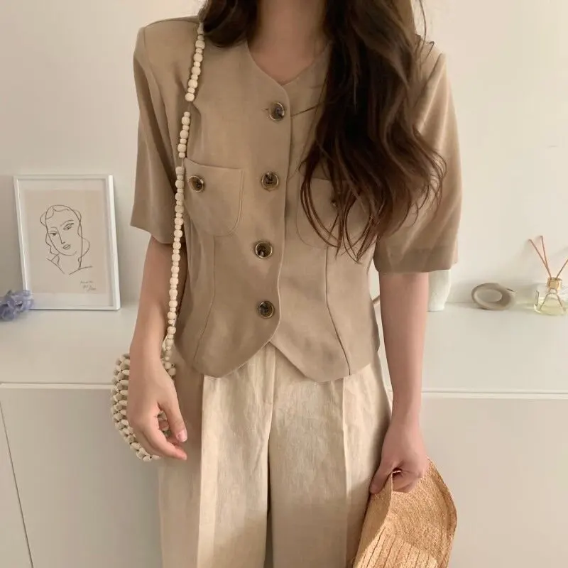 

HziriP New Elegant 2019 Summer Office Ladies Single Breasted Blazers Solid Women Loose Simple Femme Coat Short Sleeves Blazer