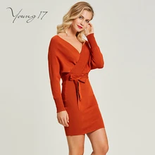 Young17 sweater knitted mini dress v neck plain sashe sexy club backless lace up women elegant