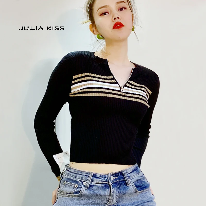 

Women Knitted Ribbed Half Zip Crop Top With Striped Detail Knit Jumpers