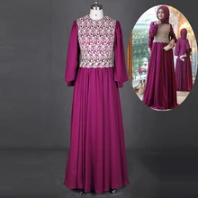 Real Sample Purple Chiffon Long Sleeve Hijab Muslim Evening Dress with Venice Lace Arabic Style Long Formal Evening Gown