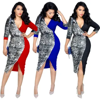 

Sequin Patchwork Sequin V Neck Sleeve Women Club Elegant Women Split Dresses