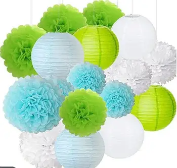

Pack of 18 Blue Green White Paper Crafts Tissue Paper Flower Balls Lanterns Paper Pom Poms Birthday Wedding Party Decoration