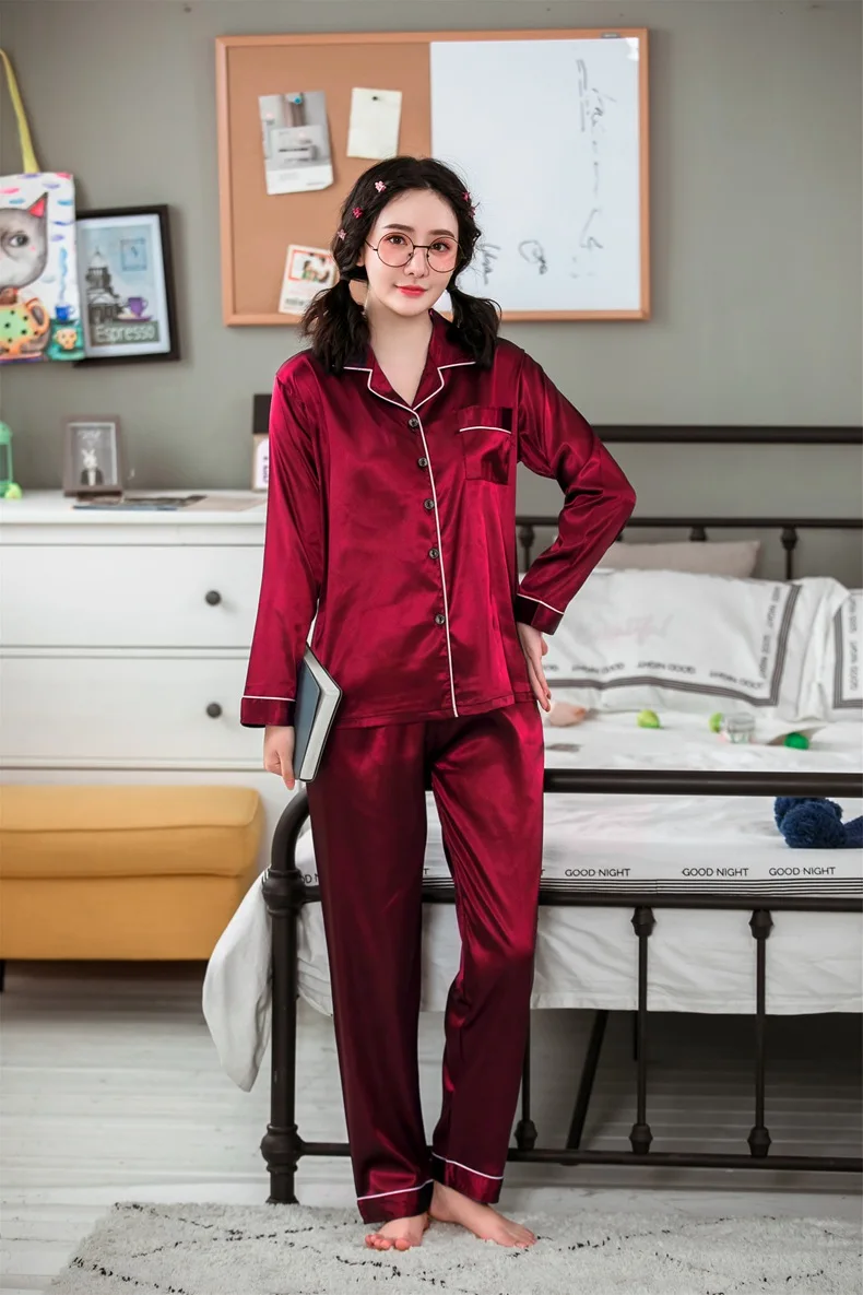 Рождественская Красная атласная пижама, Женская Роскошная Домашняя одежда больших размеров, однотонная с длинными рукавами из сатина, шелковая пижама, комплект, кардиган, осенняя Пижама