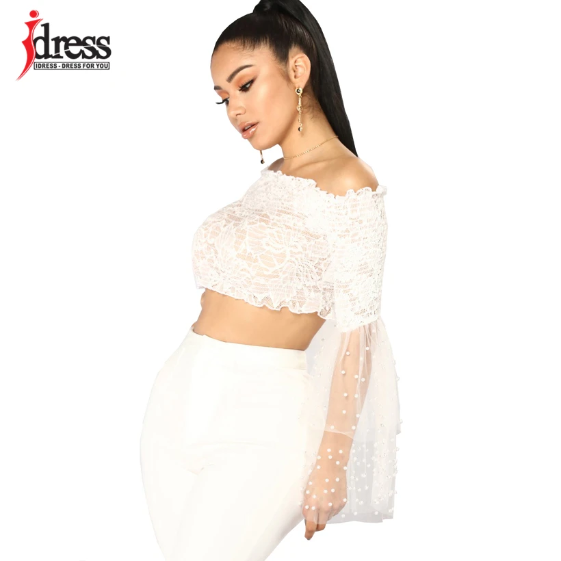 IDress Party Crop Tops Women Summer Slash Neck Lace Crop Tops Long Flare Sleeve Sexy Black White Lace Bustier Croptops Cropped (5)