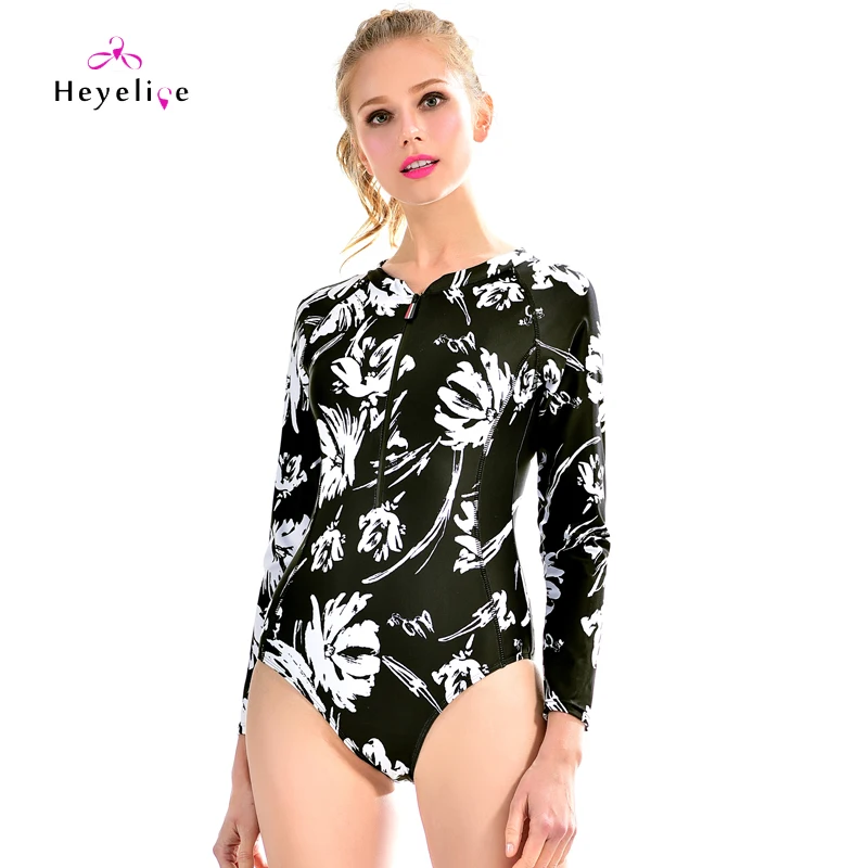 

New Print Long Sleeves Surfing Bathing Suits Zipper High Neck Sexy Rush Guards Swimming Wear High Cut Swimsuit One Piece Surfing