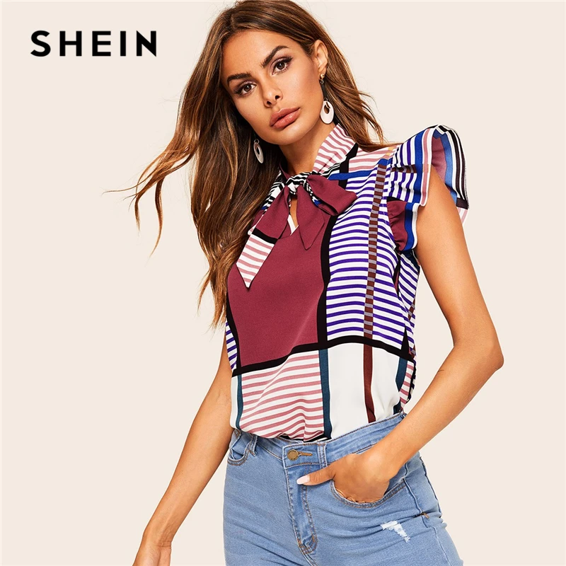 

SHEIN Classy Multicolor Tie Neck Ruffle Armhole Stripe Top Sleeveless Blouse Women Summer Color-block Vintage Tops and Blouses