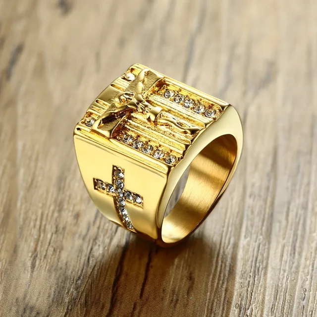 Gesù Croce Bianco Cubic Zirconia Anello per Gli Uomini Tono Oro Dell'acciaio Ino Gesù Croce Bianco Cubic Zirconia Anello per Gli Uomini Tono Oro Dell'acciaio Ino