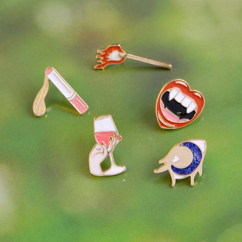 

5pcs Vampire Lips Eye Wine Matches Cigarette Brooch Button Pins Coat T-shirt Jacket Pin Badge Cartoon Fashion Jewelry Gift