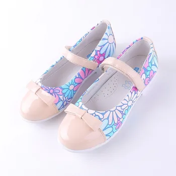 

Girls Fashion Princess flower print Flat Shoes Bow PU Leather Child Party shoes