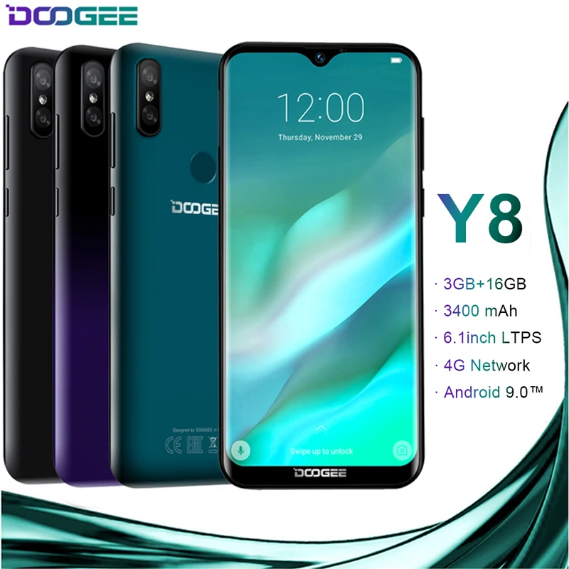 DOOGEE Y8 Android 9.0 4G LTE 6.1inch 19:9 Waterdrop LTPS Screen Smartphone MTK6739 3GB RAM 16GB ROM 3400mAh Dual SIM 8.0MP