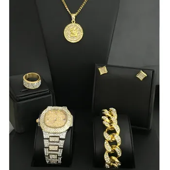 

Luxury Men Diamond Watch Hip Hop Watch &Necklace& Bracelet &Earrings &ring Combo Set Ice Out Cuban Top Brand Africa Map Pendant