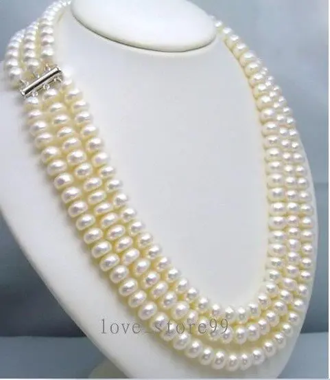

elegant 3 rows natural White AKOYA pearl necklace AKOYA Free shipping