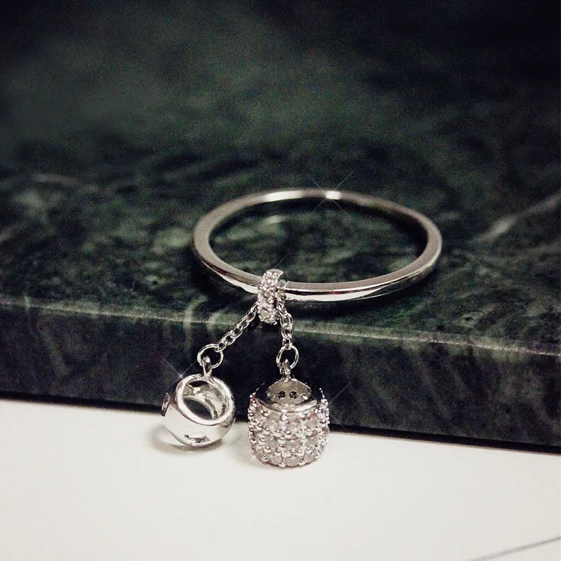 

Fashion Long Chain Sliding Double Bead Ring Micro AAA Cubic Zirconia Pave Setting Ring Small and Exquisite Girl Women Jewelry
